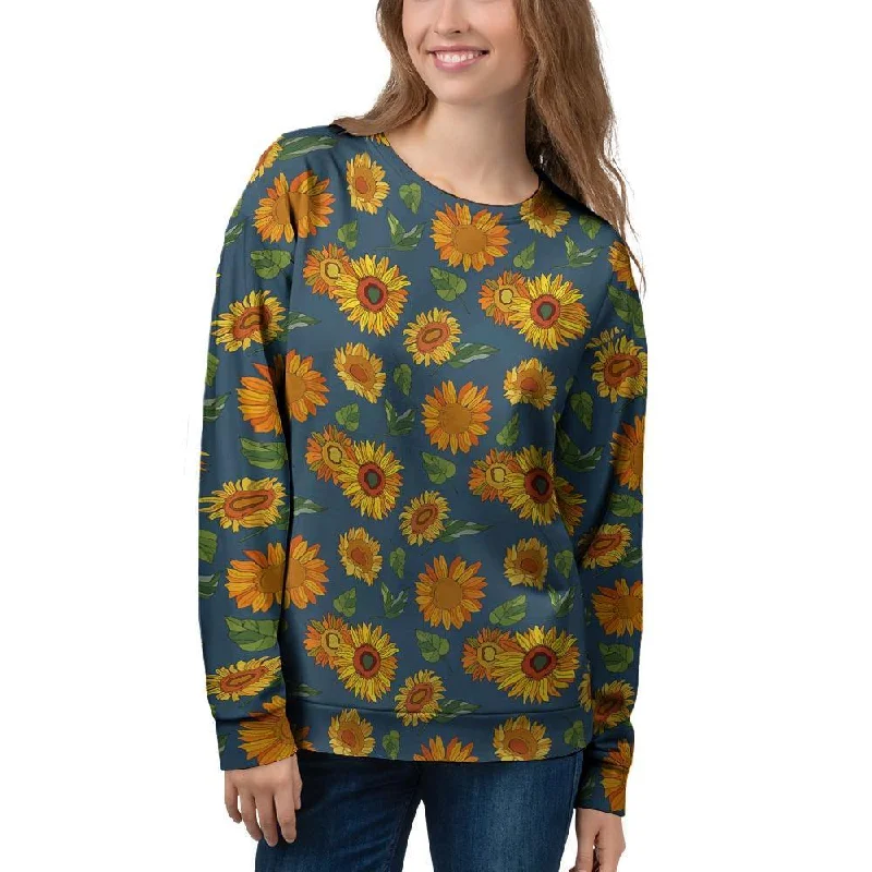 Sunflower Print Women's Sweatshirt Hoodie with Rolled Sleeves Casual Relaxed