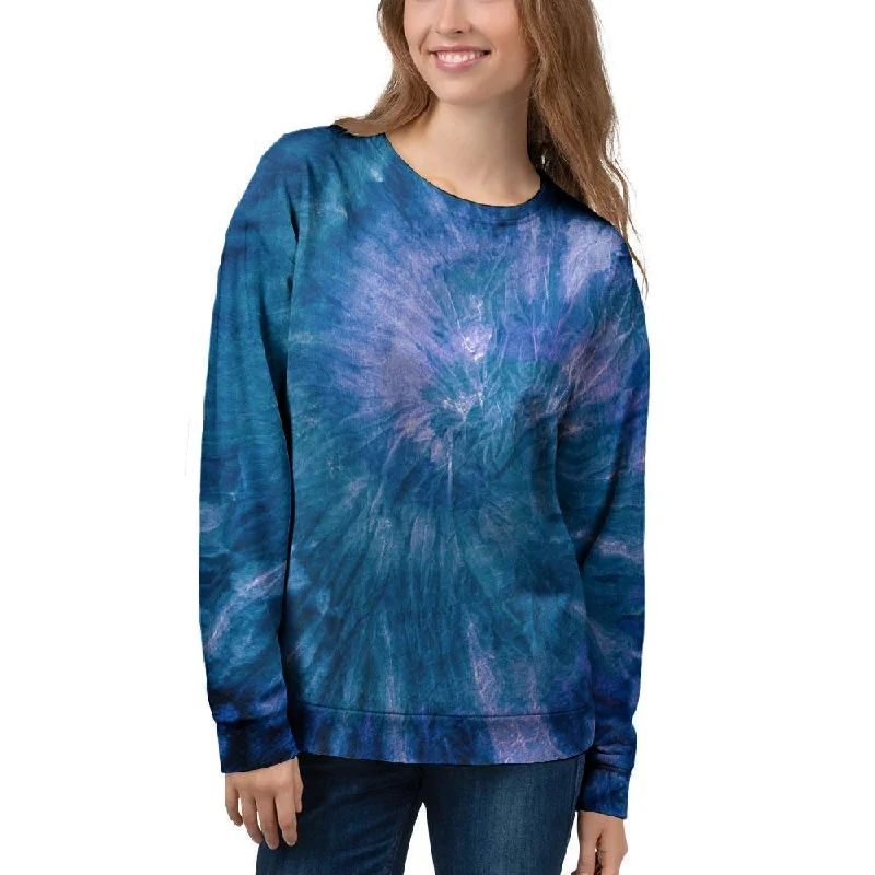 Tie Dye Blue Print Women's Sweatshirt Hoodie with Exposed Zipper Edgy Industrial