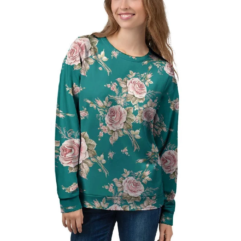 Vintage Watercolor Pink Rose Flower Print Women's Sweatshirt Hoodie with Hem Ribbing Snug Secure
