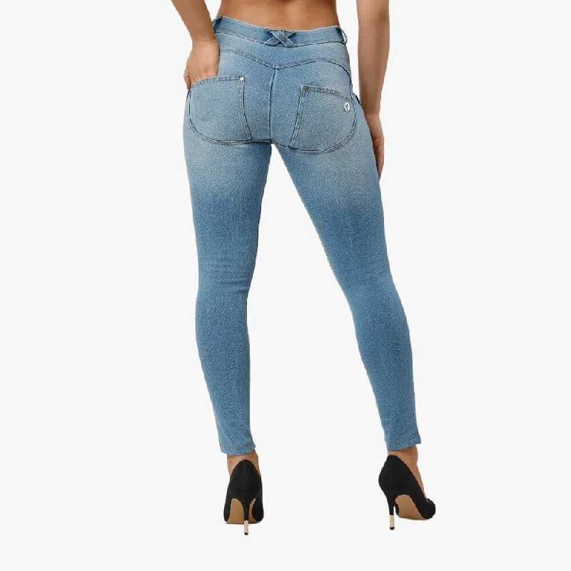Freddy Ladies Light Blue Yellow Stitch Low Waist Long Length Jean   >218-1625 Elegant High-Waisted Flared Jeans
