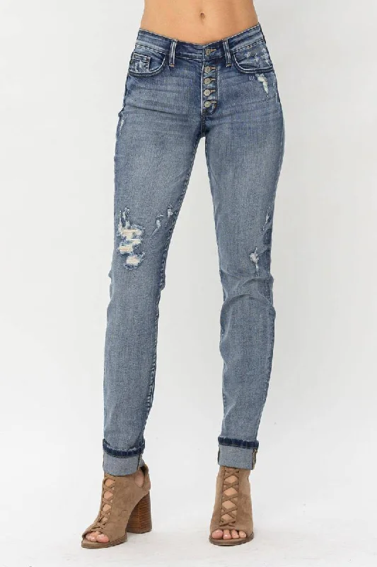 Judy Blue Mid-Rise Button Fly Contrast Wash Cuffed Boyfriend Jeans Comfortable Stretch Denim Jeans Judy Blue Mid-Rise Button Fly Contrast Wash Cuffed Boyfriend Jeans Comfortable Stretch Denim Jeans