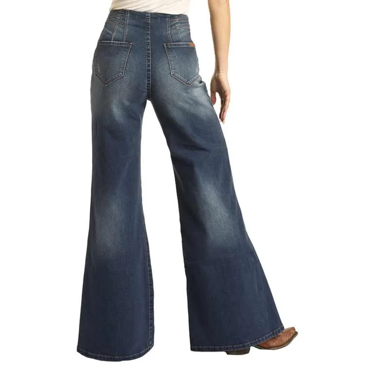 Rock & Roll Denim Women's High Rise Palazzo Flare Jeans Trendy Button-Up High-Waist Jeans Rock & Roll Denim Women's High Rise Palazzo Flare Jeans Trendy Button-Up High-Waist Jeans
