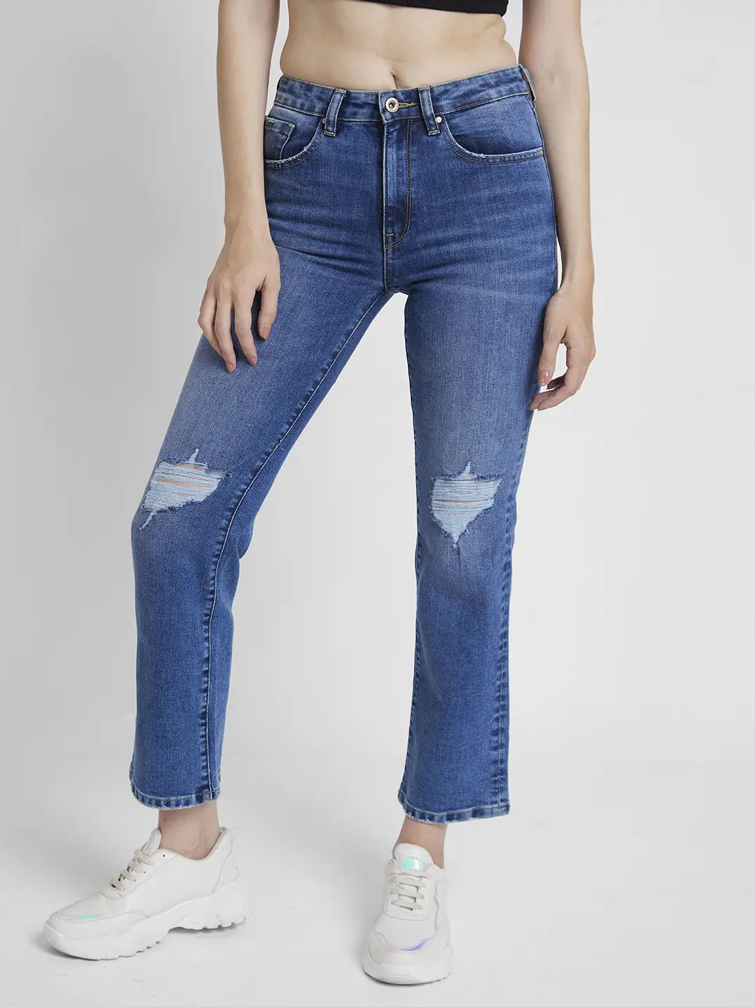 Spykar Women Mid Blue Lycra Slim Straigth Fit Ankle Length Slash Knee Jeans -(Emma) Elegant Skinny Leg Jeans Spykar Women Mid Blue Lycra Slim Straigth Fit Ankle Length Slash Knee Jeans -(Emma) Elegant Skinny Leg Jeans