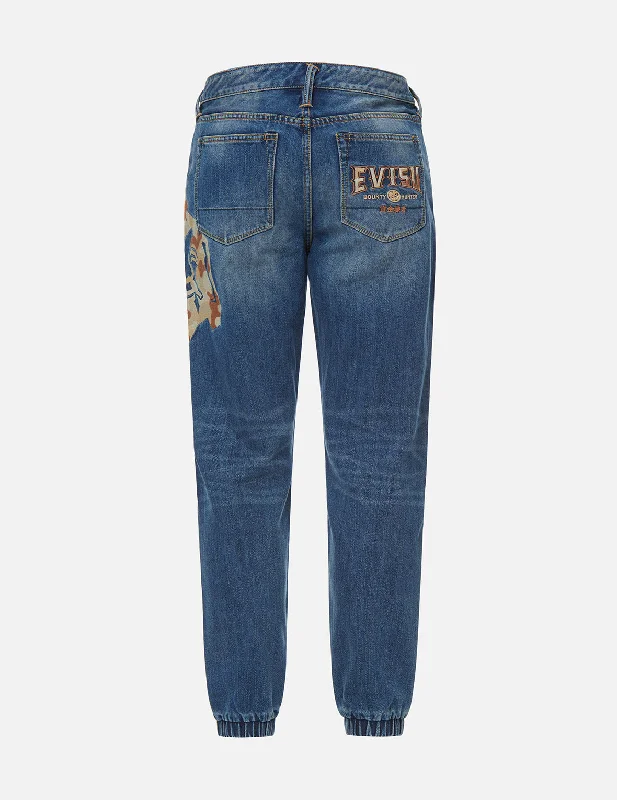 Camouflage Godhead Embroidered Denim Jogger Pants Chic Checkered Pants