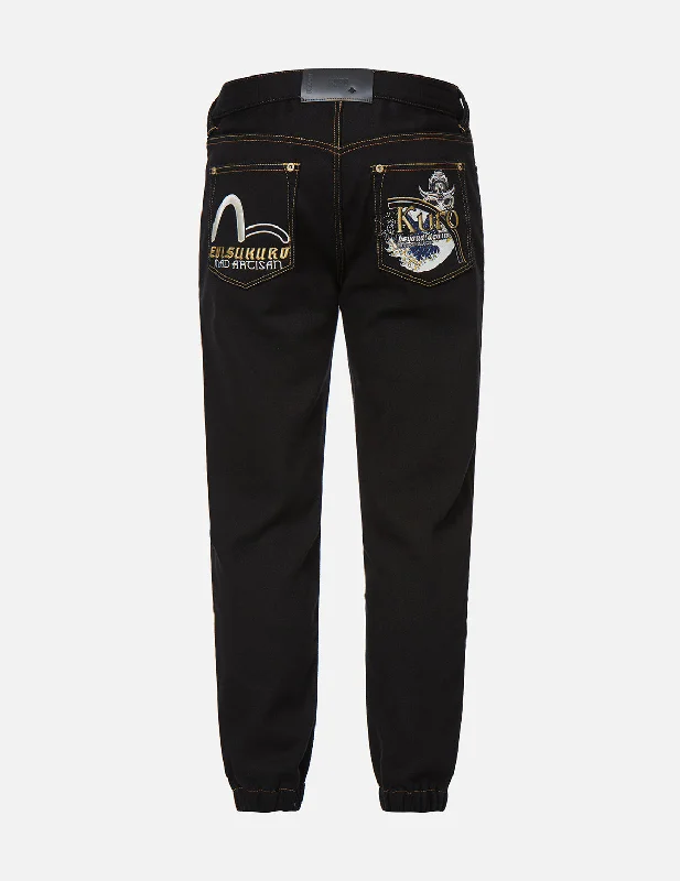 Hannya and The Great Wave Embroidery Denim Jogger Pants High-Waist Jogger Pants