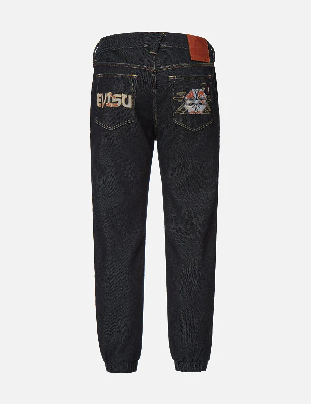 Kamon and Logo Appliqué Denim Jogger Pants Trendy High-Waist Trousers