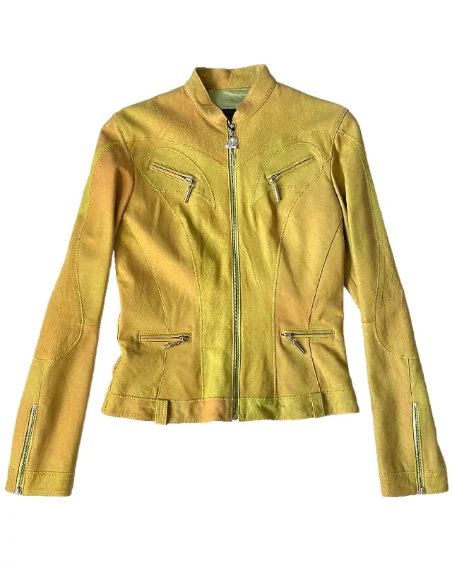 2000s Just Cavalli Chartreuse Leather Biker Jacket, Snake Zipper, Medium Zippered Jacket Buttoned Jacket Snapped Jacket