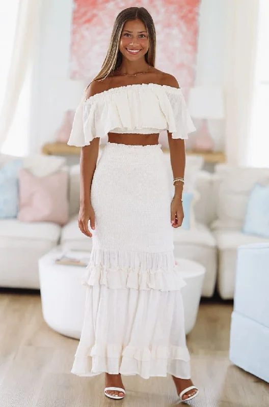 All Day Long Crop Top and Maxi Skirt Set - Cream pleated skirt texture