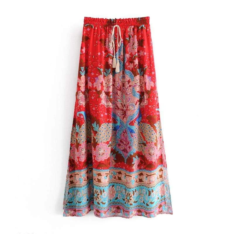 Allegra Red Floral Peacock Maxi Skirt cashmere skirt fine