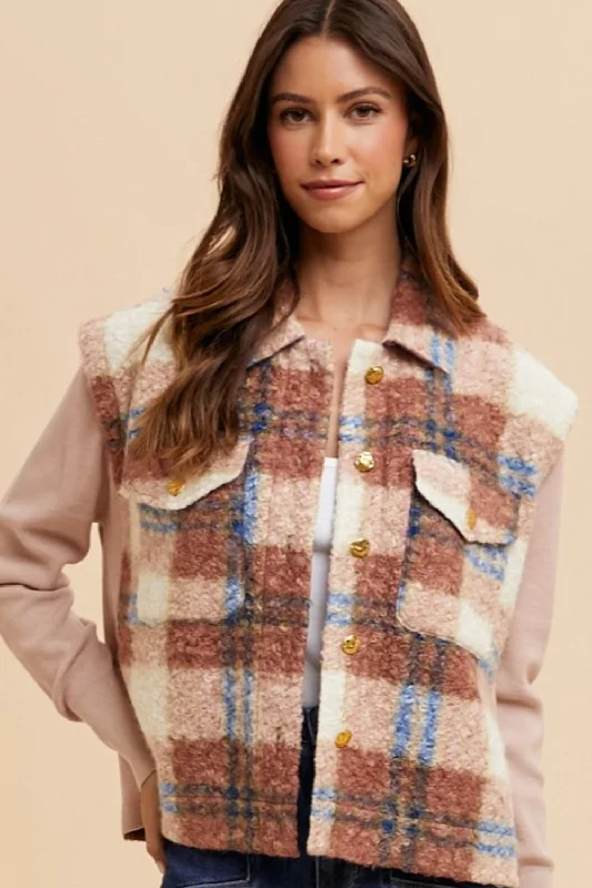 Annie Wear Faux Fur Plaid Button Up Jacket In Brown Knit Fabric Woven Fabric Fleece Fabric