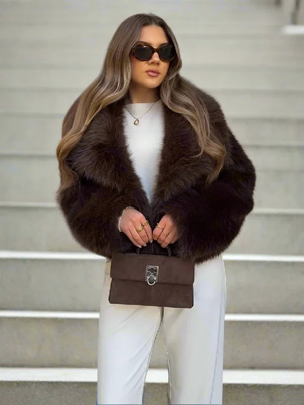 Brown and burgundy Lapel Faux Fur Short Coat Women Fluffy Long Sleeve Warm Thick Loose Jacket One-Shoulder Jacket Off-the-Shoulder Jacket Asymmetrical Jacket