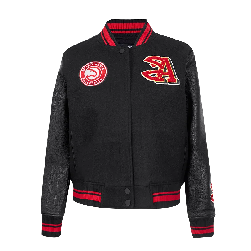 NBA ATLANTA HAWKS MASHUP WOMEN'S RIB WOOL VARSITY JACKET (BLACK/RED/BLACK) Quilted Jacket Puffer Jacket Insulated Jacket