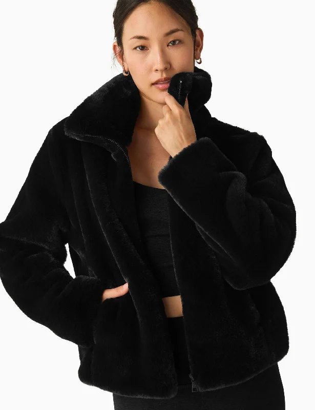 Faux Fur Jacket - Black Appliqued Jacket Beaded Jacket Sequined Jacket