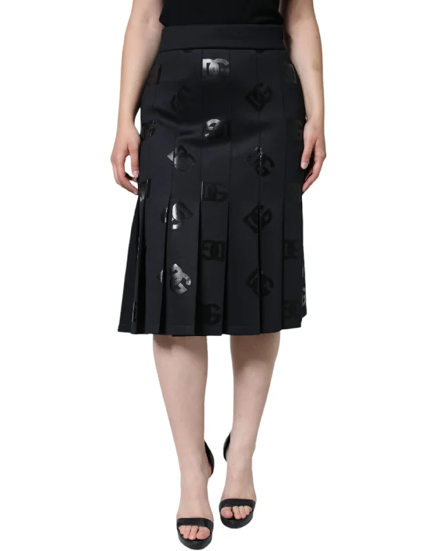 Dolce & Gabbana Black DG Monogram Pleated Midi Skirt denim skirt durable