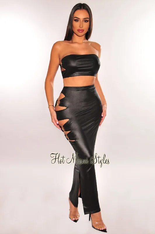 Black Faux Leather Bandeau Gold Ring Cut Out Slit Skirt Two Piece Set elastic waist skirt