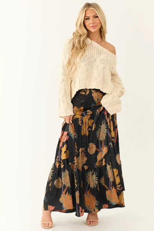 Black Floral Print Satin Tiered Maxi Skirt corduroy skirt durable