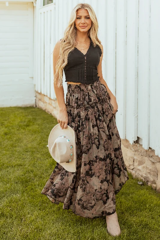 Black Floral Print Tiered Smocked Maxi Skirt high slit skirt