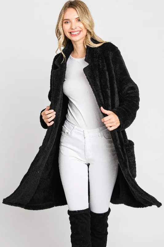 BLACK SOFT FAUX FUR NOTCHED COLLAR COAT JACKET SO3465TM Knit Jacket Woven Jacket Fleece Jacket