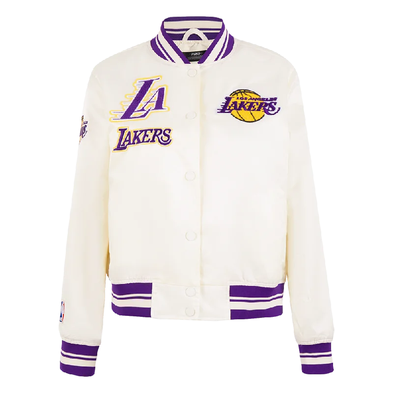 NBA LOS ANGELES LAKERS RETRO CLASSIC WOMEN'S RIB SATIN JACKET (EGGSHELL/ PURPLE) Zippered Front Buttoned Front Snap Front