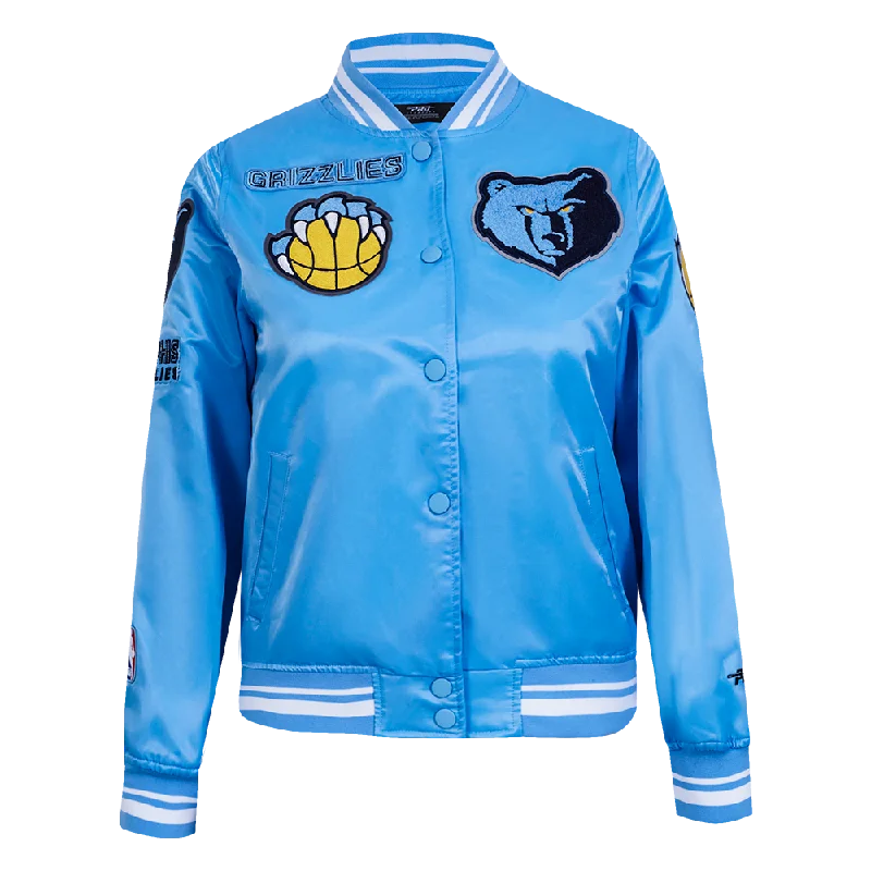 NBA MEMPHIS GRIZZLIES RETRO CLASSIC WOMEN'S RIB SATIN JACKET (UNIVERSITY BLUE) Embroidered Jacket Appliqued Jacket Beaded Jacket