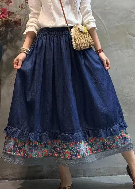 Bohemian dark Blue elastic waist lace Patchwork Skirt Spring mini skirt trendy