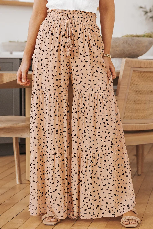 Brown Ruffle Wide Leg Dalmatian Palazzo Pants Trendy Wide-Leg Pants
