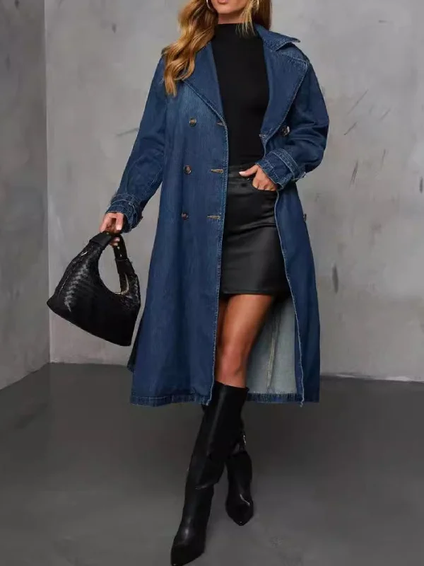 Button Up Long Sleeve Denim Duster Jacket Snapped Jacket Toggled Jacket Drawstring Jacket