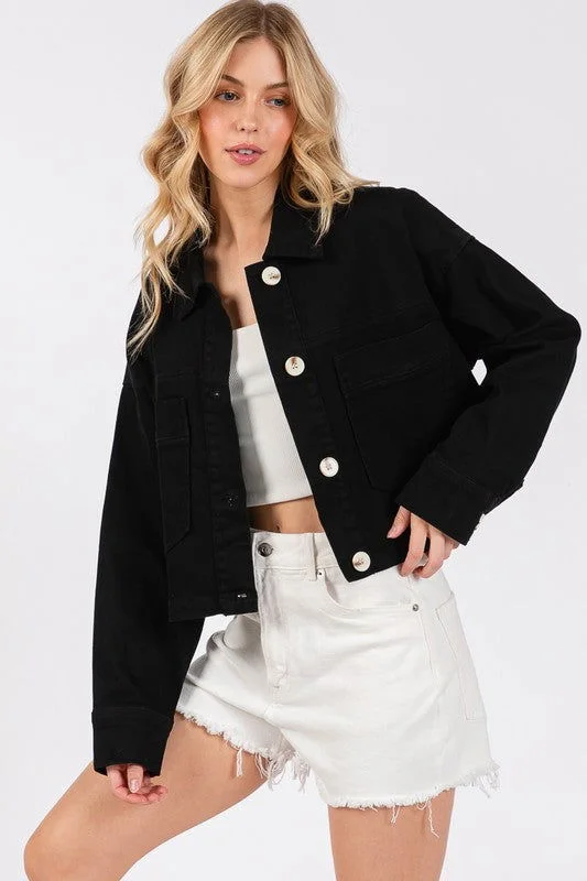 bytos Button Down Cropped Denim Jacket with Patch Pockets Lace Jacket Ribbed Jacket Sequined Jacket