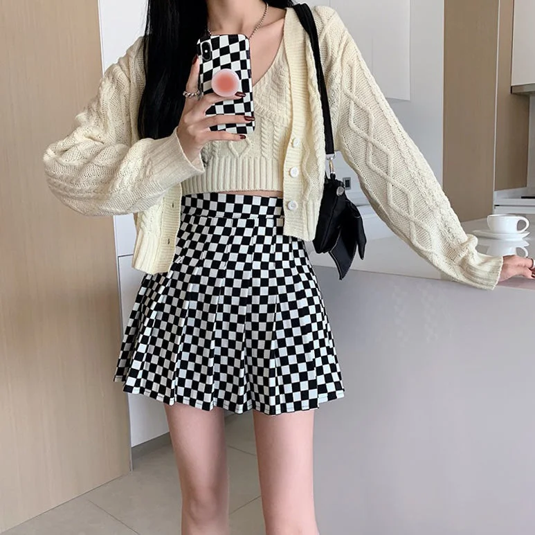 Checkered Print Pleated Skirt cashmere skirt soft