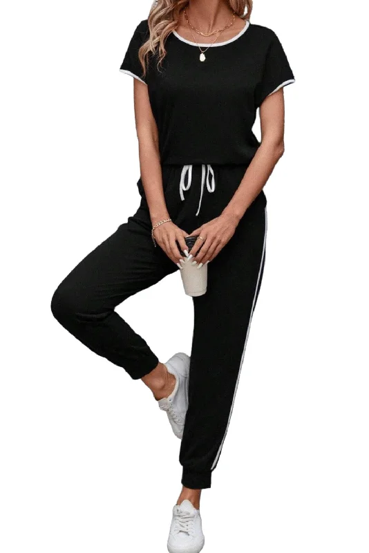 Contrast Trim Round Neck Top and Pants Set Fashionable Jogger Pants