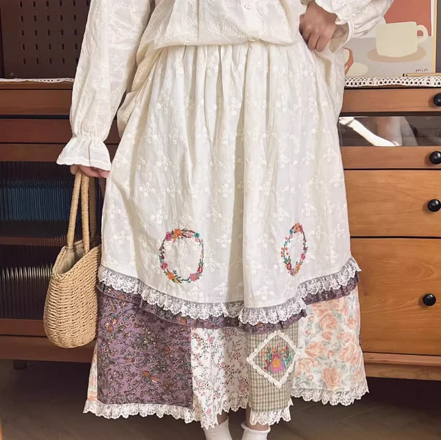 Cottagecore Embroidery Contrast Colors Skirt zip skirt side