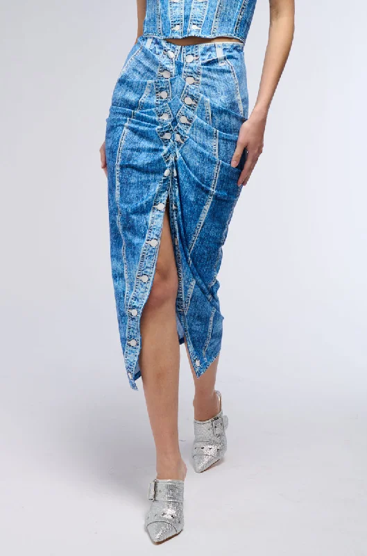 DAY DREAMING DENIM PRINTED MIDI SKIRT slim fit skirt