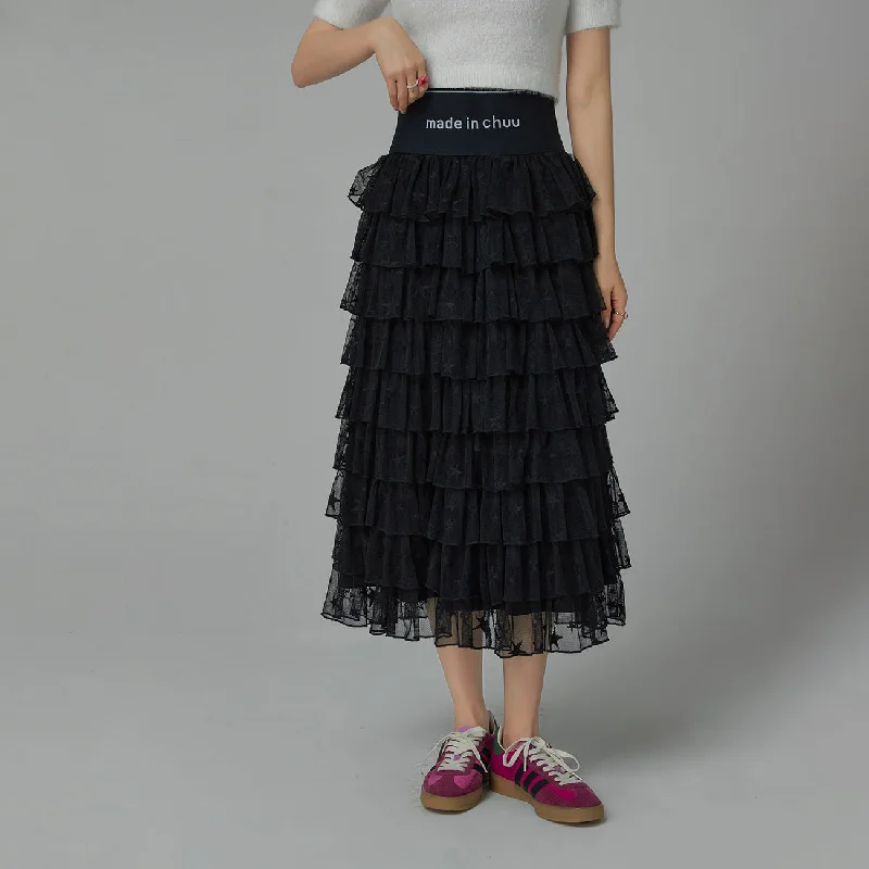 Stars Chiffon Frill Maxi Skirt chiffon skirt flowing