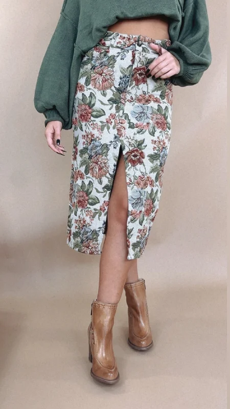 ECB Exclusive: Magnolia Tapestry Midi Skirt high slit skirt