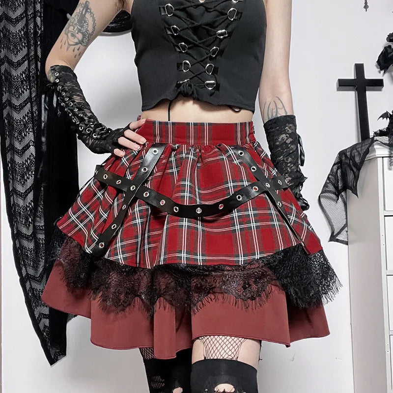 Gothic Harajuku Girls Plaid Pleated Sweet Lace Kawaii Y2k Costume Skirt maxi skirt elegant