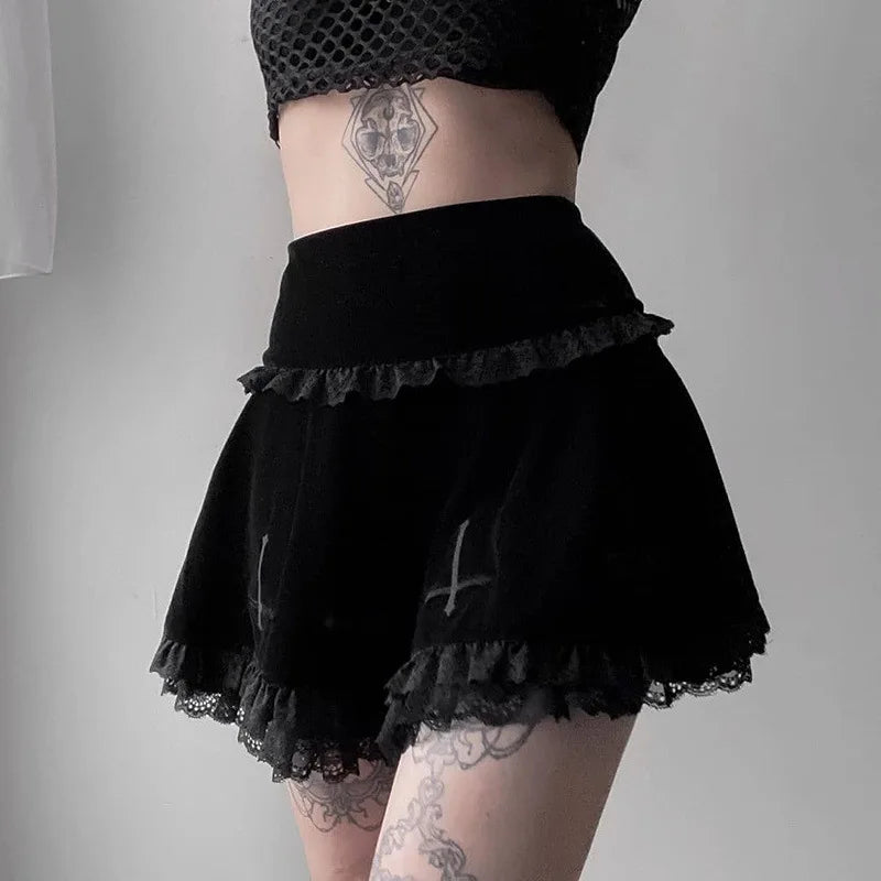 Sexy Fashion Summer Embroidery Black Gothic Casual Stylish Lace Trim Skirt denim skirt classic