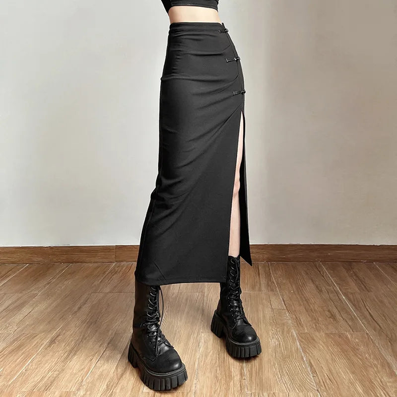 Black Sexy Women A-line Slits High Waist Slim Hip-covering Solid Mid-length Long Streetwear Skirt wool skirt sturdy