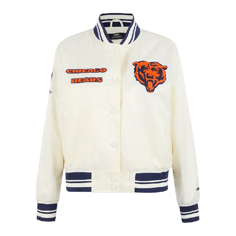 NFL CHICAGO BEARS RETRO CLASSIC WOMEN'S RIB SATIN JACKET (EGGSHELL/ MIDNIGHT NAVY) A-Line Jacket Boat Neck Shawl Collar