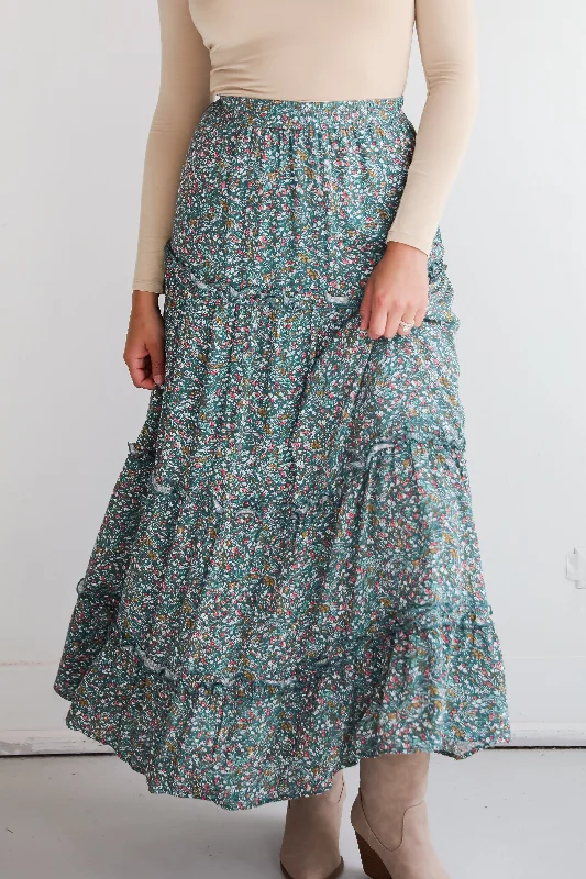 FINAL SALE - Feeling So Sweet Teal Floral Tiered Maxi Skirt leather skirt refined