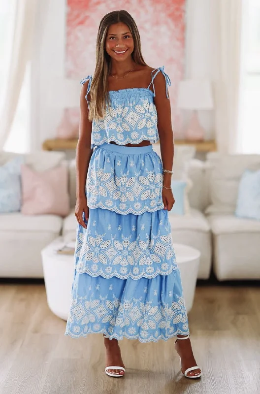 Festival in the Sand Crop Top and Skirt Set - Blue and White wrap skirt elegant