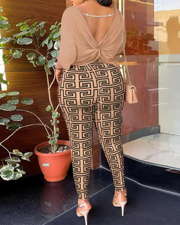 Geometric Print Twisted Backless Top & Pants Set Casual Yoga Pants