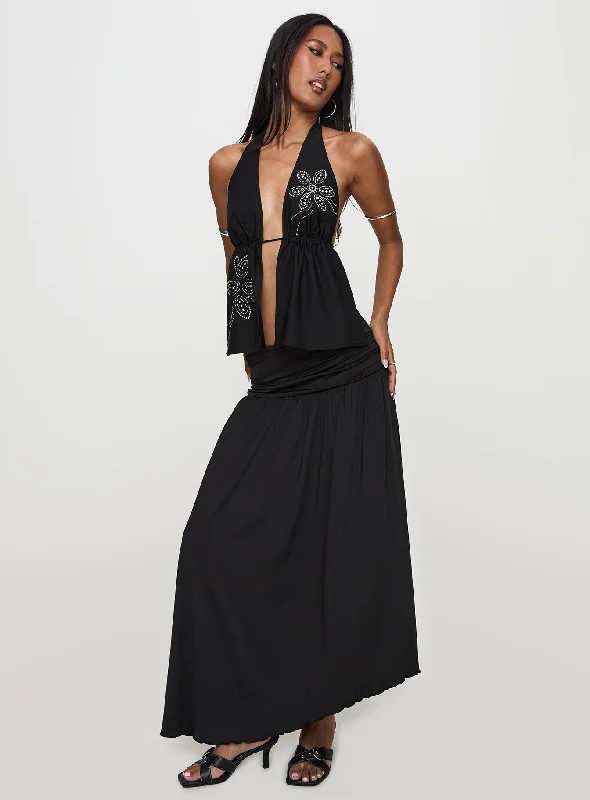 Gezabele Asymmetrical Maxi Skirt Black linen skirt relaxed
