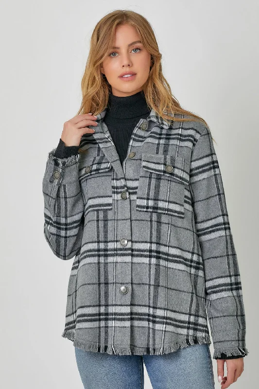 Grey Fringe Detailed Plaid Jacket Faux Fur Fabric Real Fur Fabric Shearling Fabric