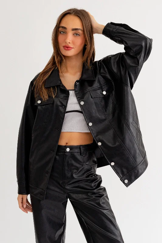 Oversized Vegan Leather Button-Up Jacket Quilted Jacket Puffer Jacket Insulated Jacket