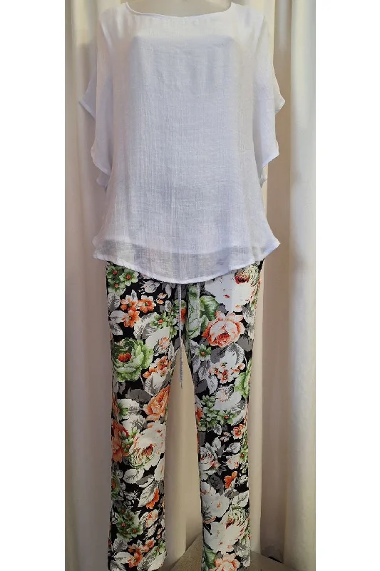 Italian Stretch Pants - Black, Orange & Green flowers High-Waist Trousers