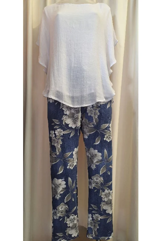 Italian Stretch Pants - Denim, White and Charcoal Flowers Chic Capri Pants
