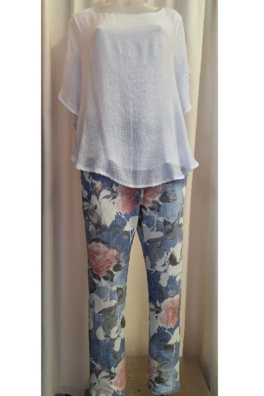 Italian Stretch Pants - Lt. Denim with Pink and White Flowers Comfy Zip-Up Pants