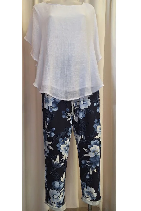 Italian Stretch Pants – Navy, Blue and White Flowers Comfortable Denim Pants