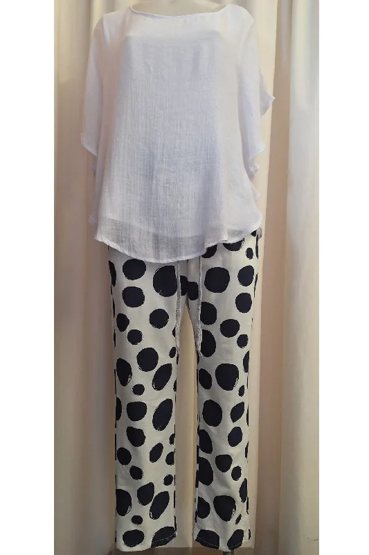 Italian Stretch Pants - Off White with Navy Polka Spots Casual Yoga Pants