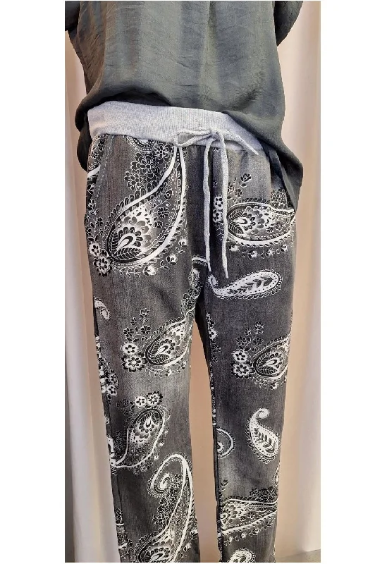 Italian Stretch Pants - Paisley, Charcoal Relaxed Fit Trousers